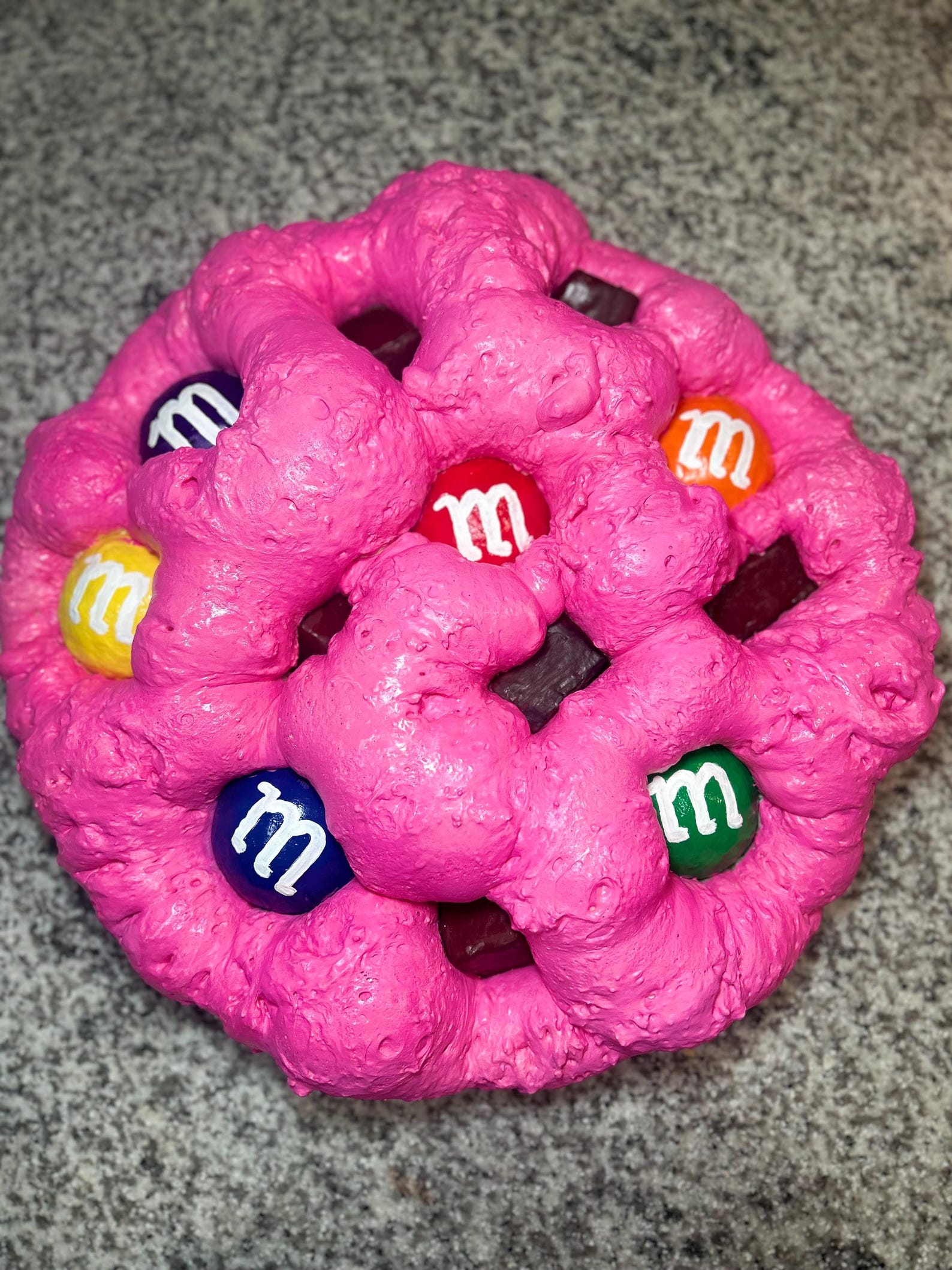 Custom cookie art: hot pink M&M cookie sculpture by JOIRUSH